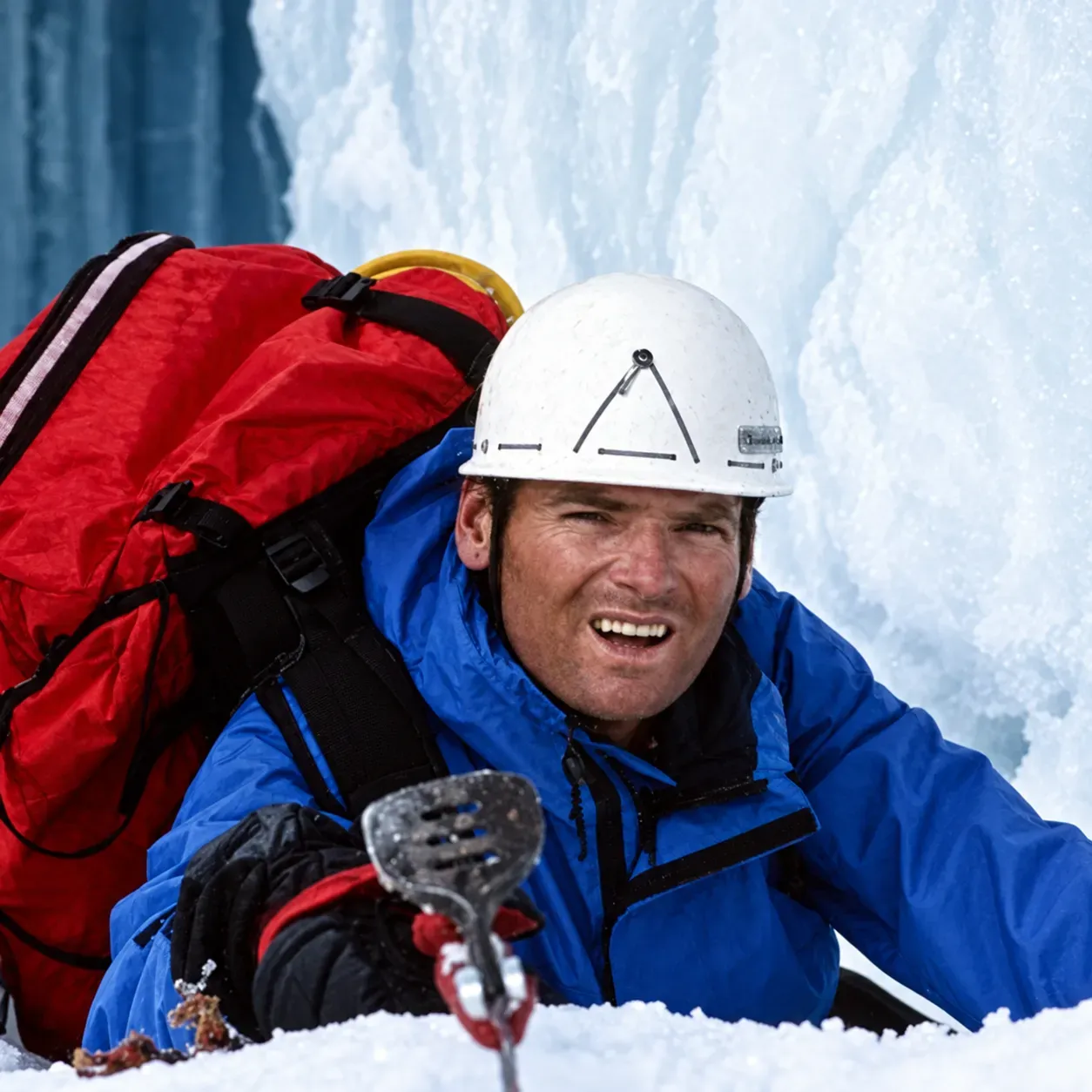 Illustration of mountaineer Joe Simpson in a blue jacket and white helmet climbing beside an ice wall with a red backpack